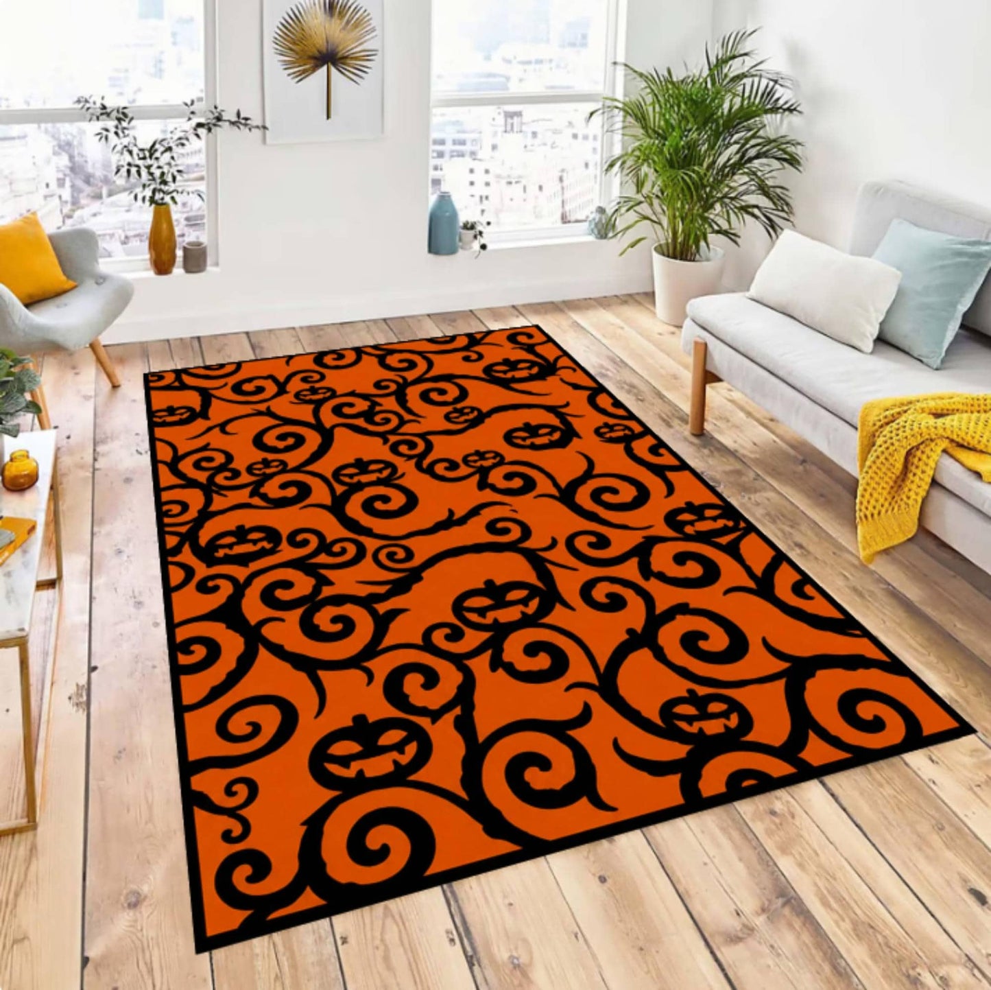 Rug with Halloween Pumpkin Pattern Washable and Non-slip Spooky Jack-o'-lantern