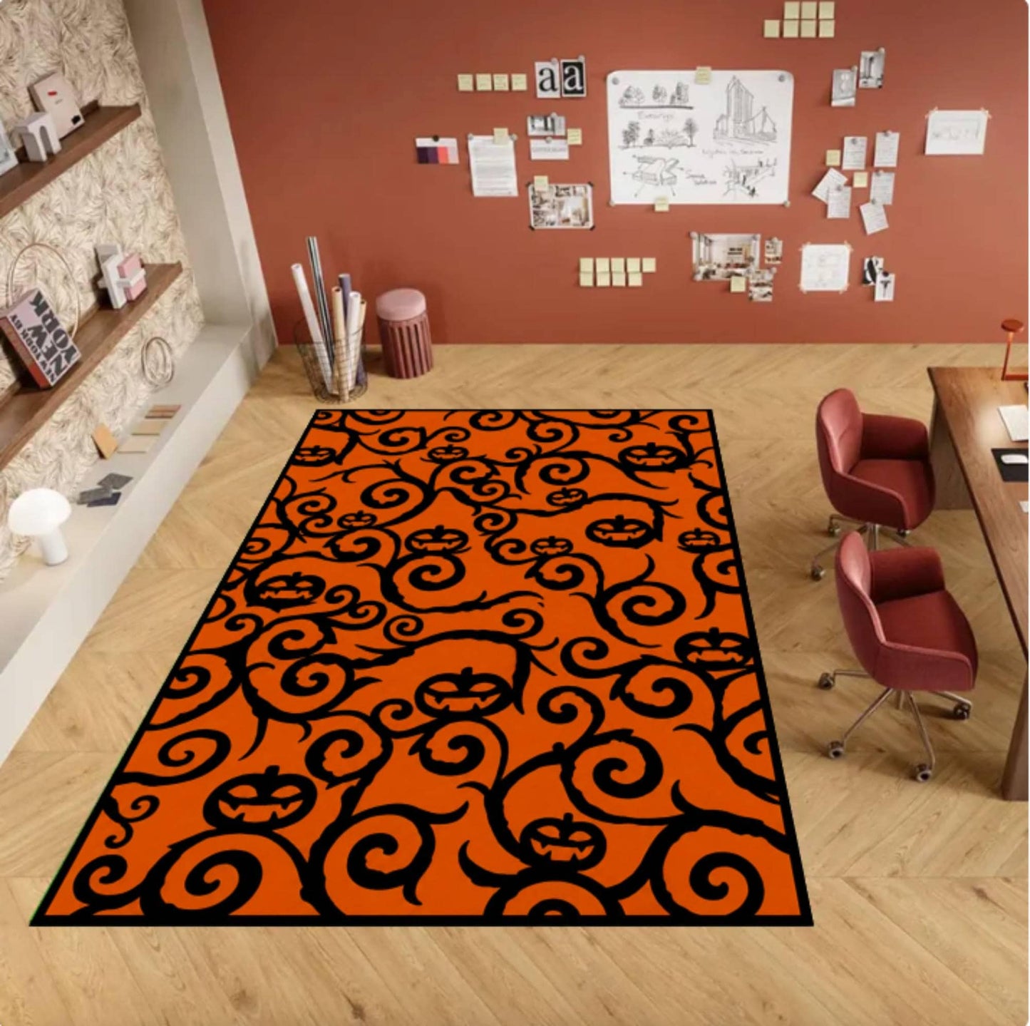 Rug with Halloween Pumpkin Pattern Washable and Non-slip Spooky Jack-o'-lantern