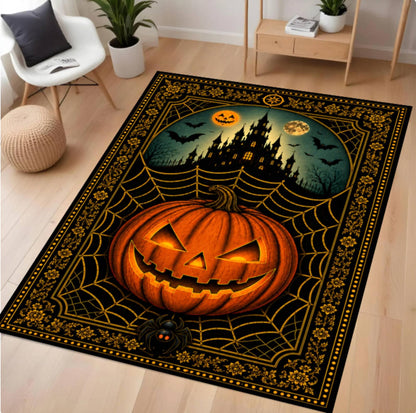 A rectangular area rug with a Halloween design, shown in a modern living room setting. The rug features a large glowing jack-o'-lantern in the foreground, a haunted house under a full moon and bats in the background, all framed by a black and gold spiderweb pattern.