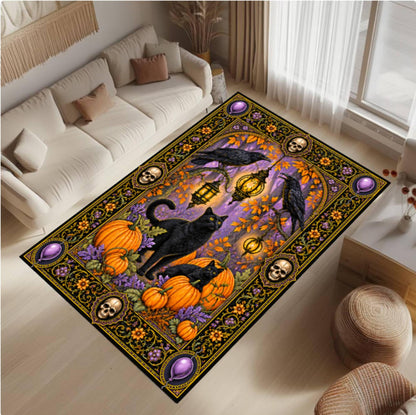 Halloween Rug with Black Cat and Pumpkins