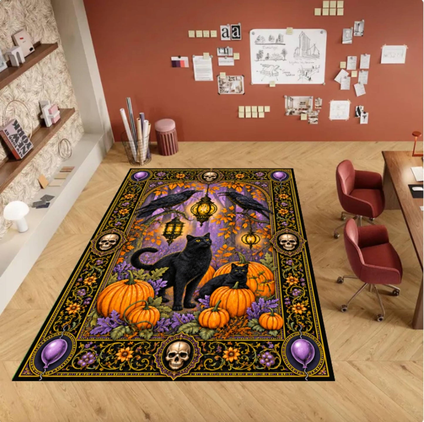 Halloween Rug with Black Cat and Pumpkins