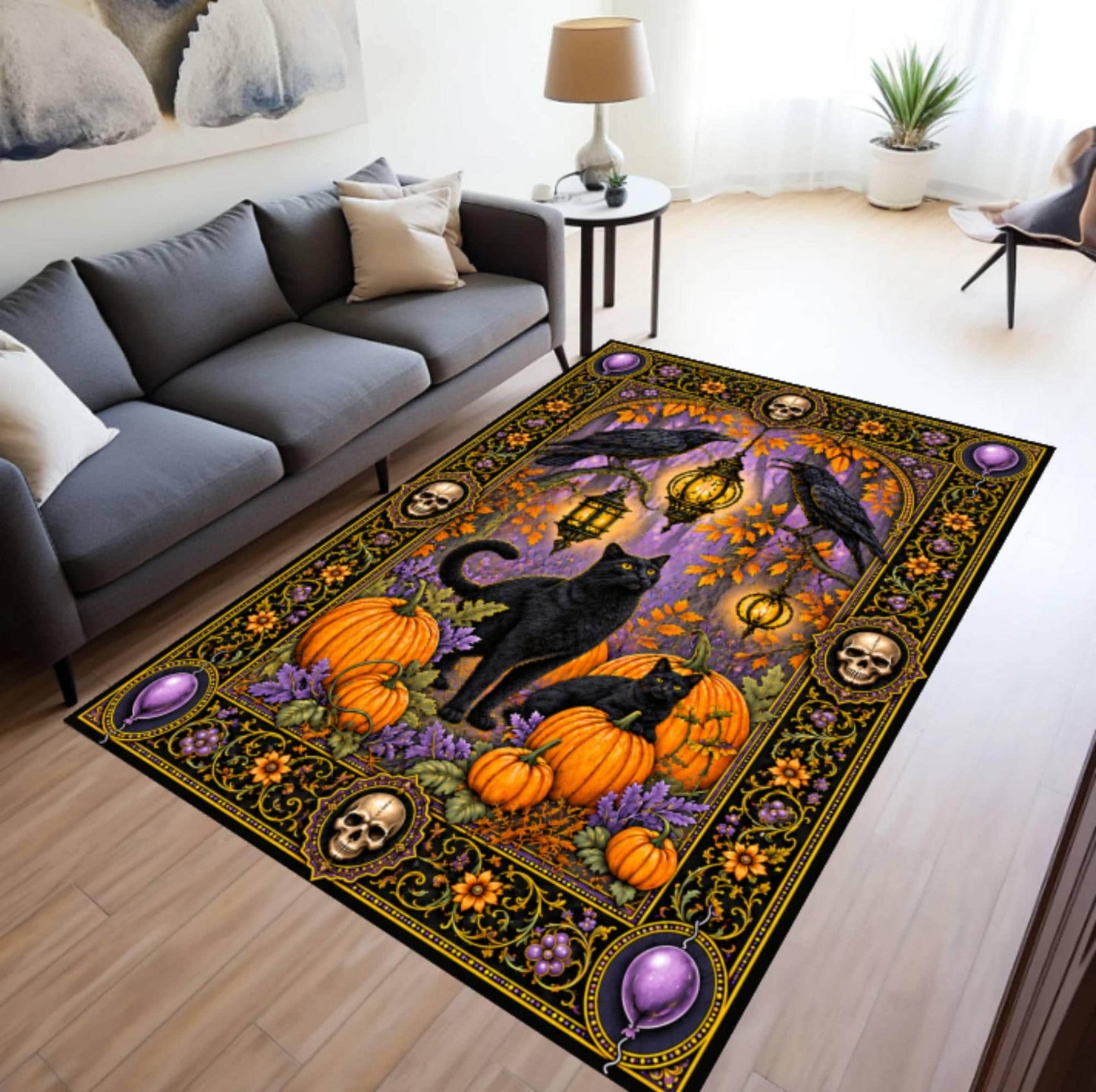 Halloween Rug with Black Cat and Pumpkins