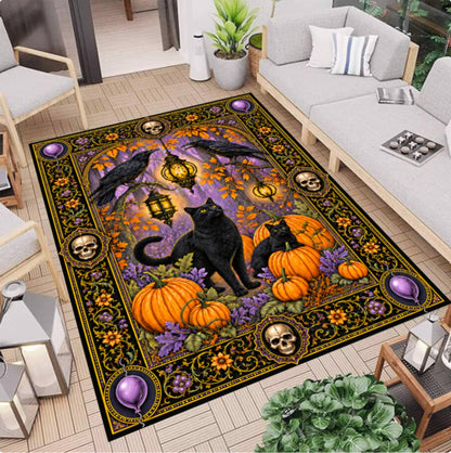Halloween Rug with Black Cat and Pumpkins