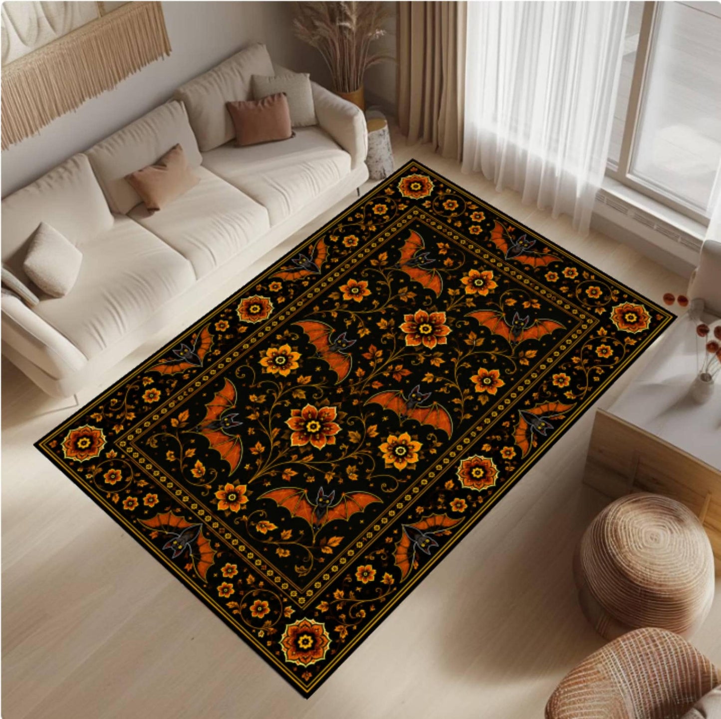 Gothic Rug with Bats and Floral Print