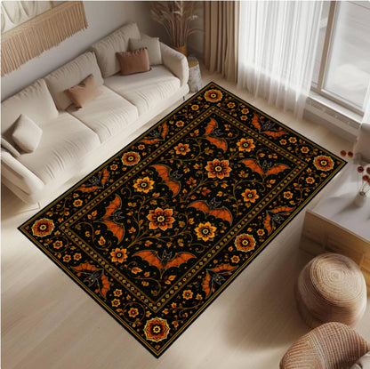 Gothic Rug with Bats and Floral Print