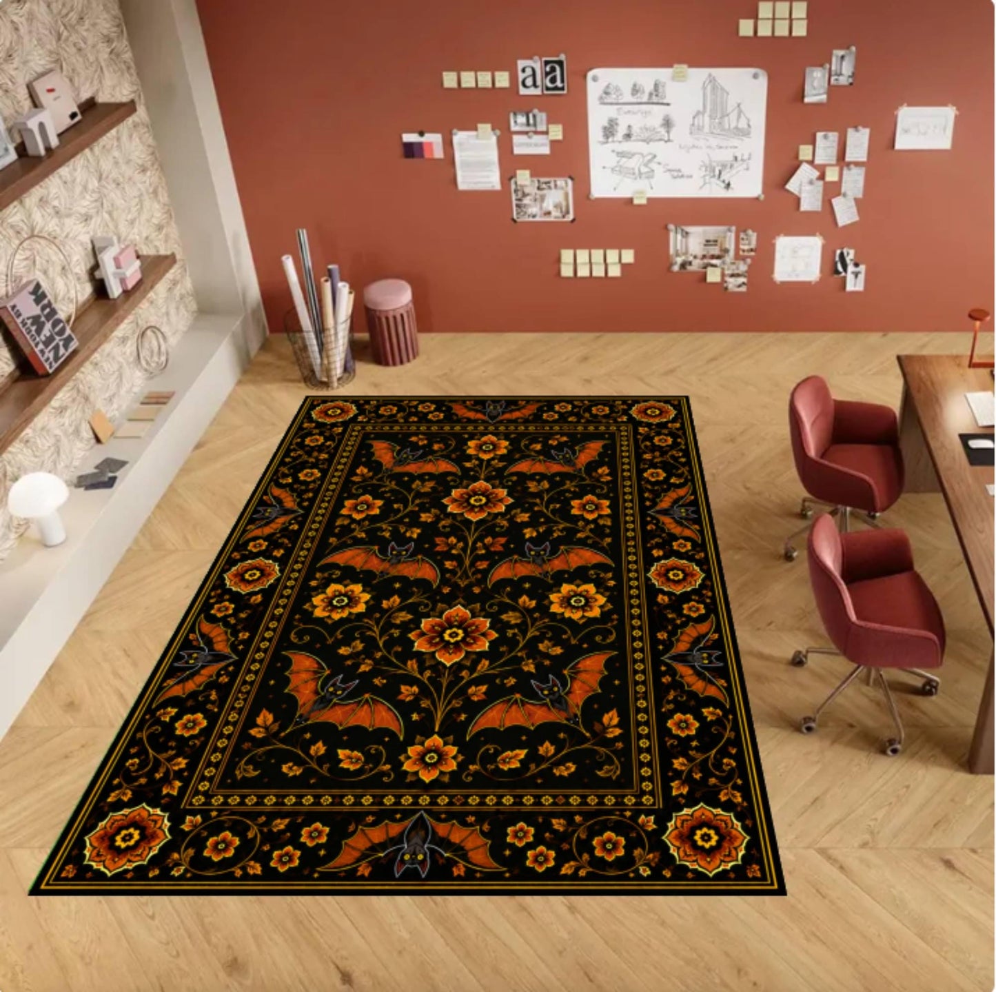 Gothic Rug with Bats and Floral Print