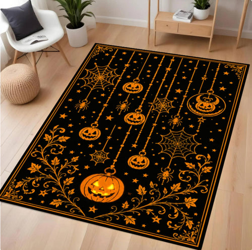A rectangular black area rug with a Halloween design, featuring orange jack-o'-lanterns, spiderwebs, stars, and floral vines, shown on a light wood floor in a styled room.
