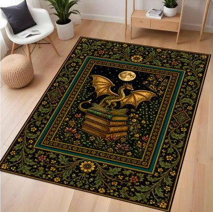 A rectangular area rug with a dark fantasy design featuring a golden dragon perched on stacked books under a full moon, shown in a styled room with light wood floors, a white chair, and plants.