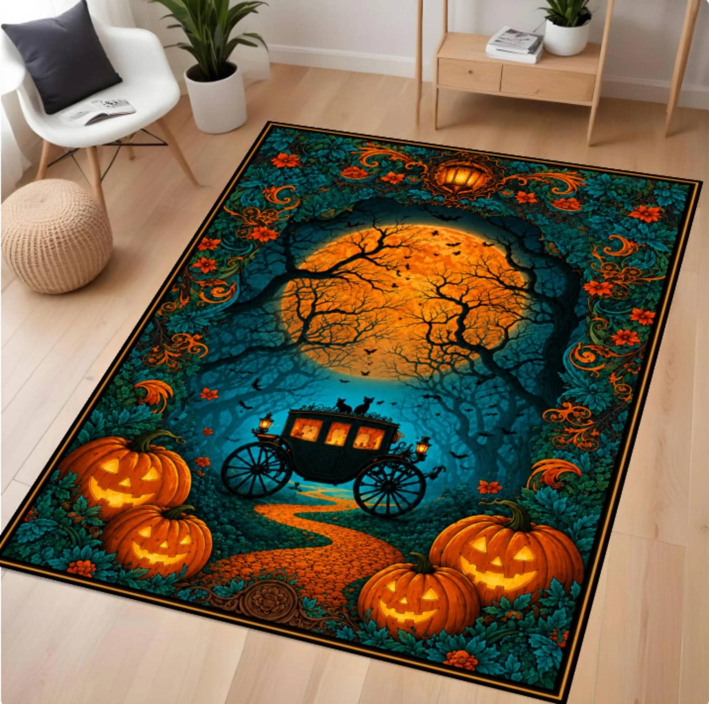 A rectangular area rug with a detailed Halloween illustration, shown in a modern living room setting on light wood floors. The design features a large glowing orange full moon, a spooky horse-drawn carriage, jack-o'-lantern pumpkins, and a dark, leafy background.