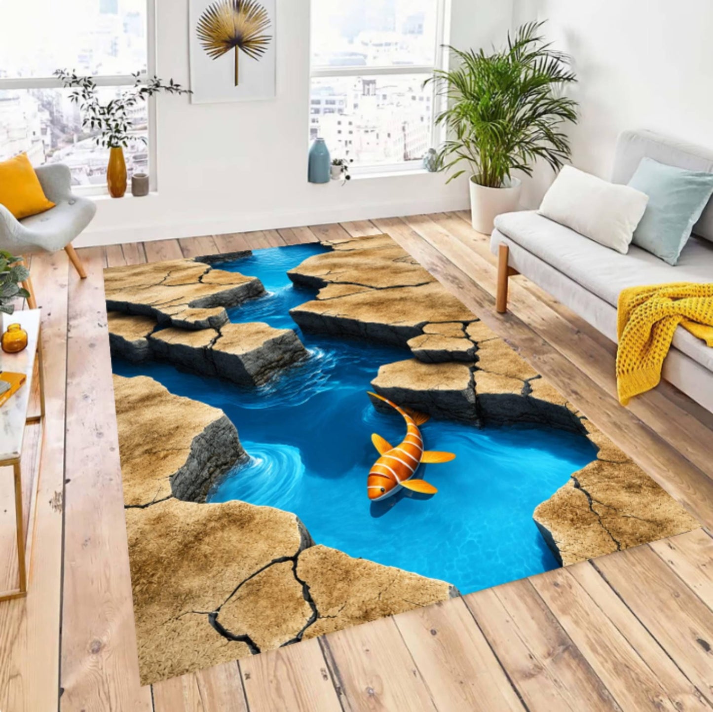 3D Ocean River Rocky Stream Fish Illusion Carpet