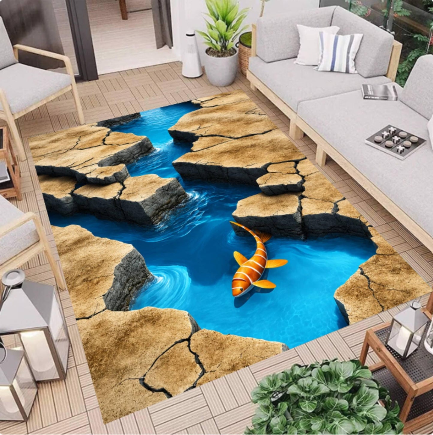 3D Ocean River Rocky Stream Fish Illusion Carpet