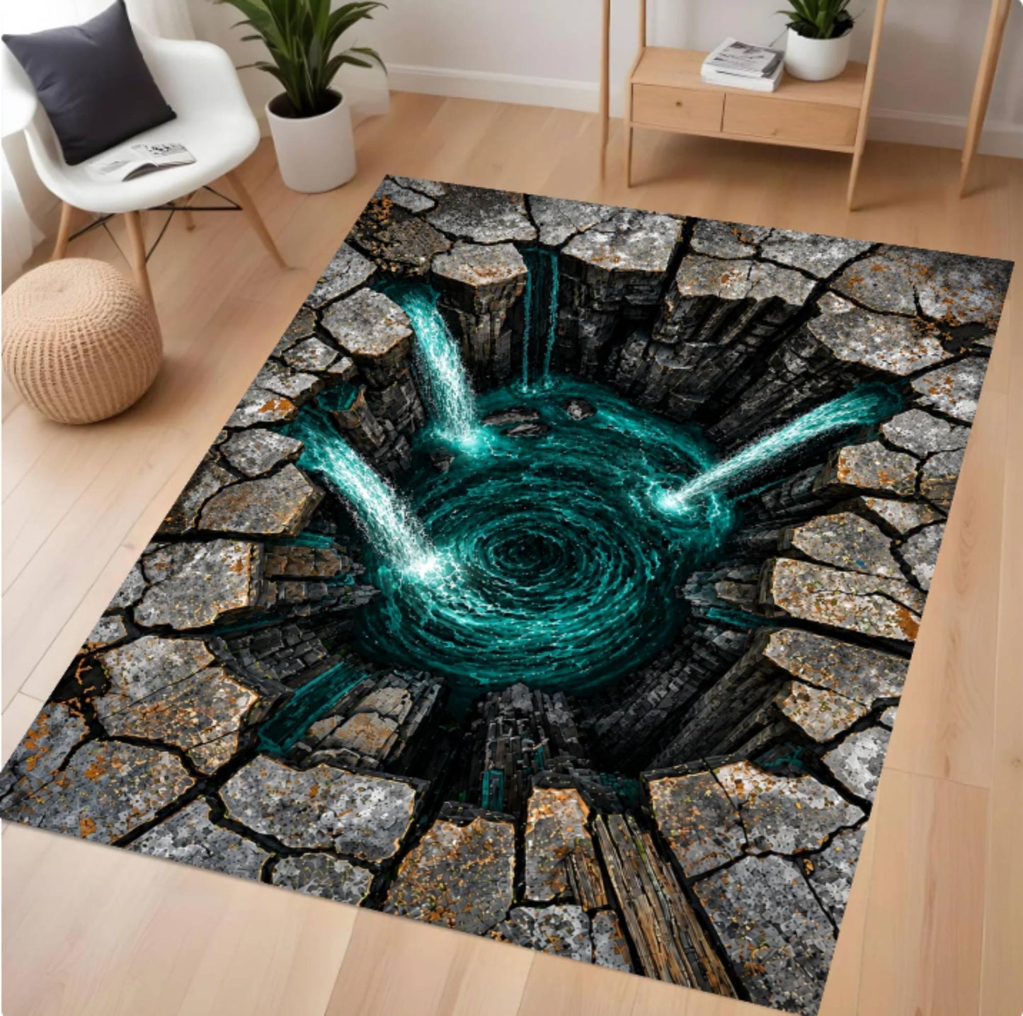 A rectangular area rug with a 3D-effect design of a swirling teal vortex surrounded by cracked gray stone, shown on a light wood floor in a modern living room setting.