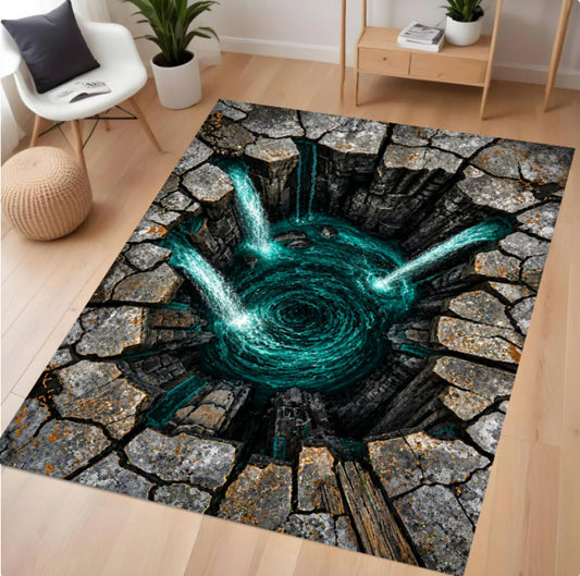 A rectangular area rug with a 3D-effect design of a swirling teal vortex surrounded by cracked gray stone, shown on a light wood floor in a modern living room setting.