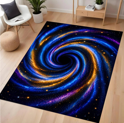 A rectangular area rug with a vibrant spiral galaxy print in blue, purple, and gold, displayed on a light wood floor in a modern living room setting.