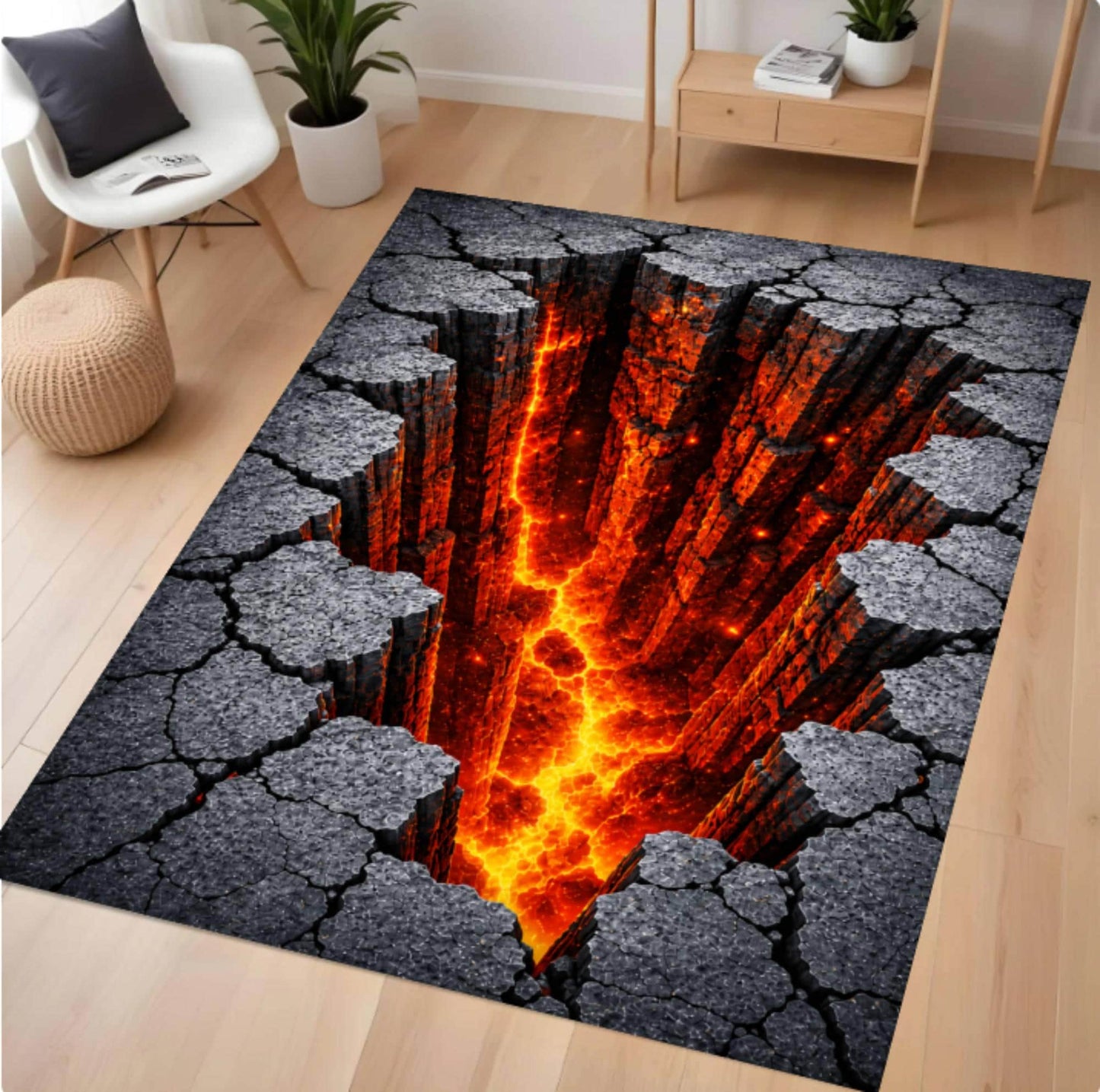 A rectangular area rug with a dramatic 3D design of a deep fissure opening up, showing glowing orange and red lava flowing through cracked dark gray stone, displayed on a light wood floor in a modern living room setting.