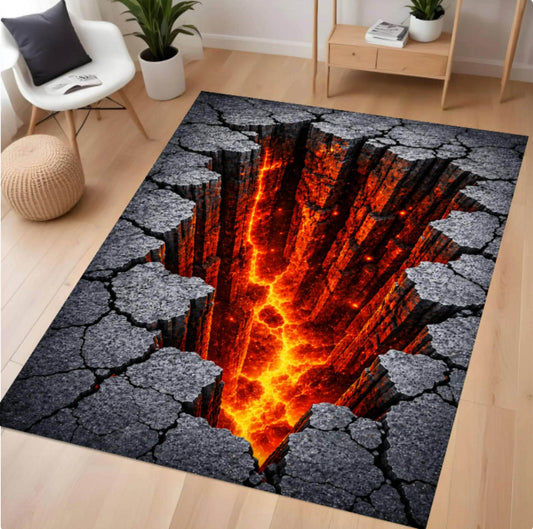 A rectangular area rug with a dramatic 3D design of a deep fissure opening up, showing glowing orange and red lava flowing through cracked dark gray stone, displayed on a light wood floor in a modern living room setting.