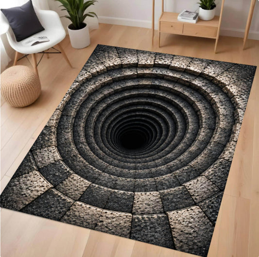 A rectangular area rug with a 3D-effect spiral tunnel design in black, gray, and beige tones, shown on a light wood floor in a modern living room setting.