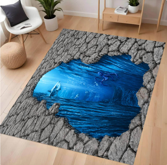 A rectangular area rug with a 3D-effect print of a blue ocean scene breaking through gray cracked stone, shown on a light wood floor in a styled living room.