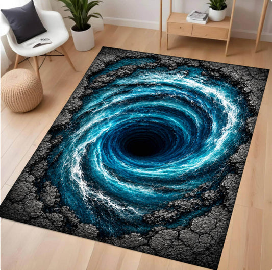 A rectangular area rug with a 3D-effect swirling vortex design in shades of blue, white, and black, displayed on a light wood floor in a modern living room setting.