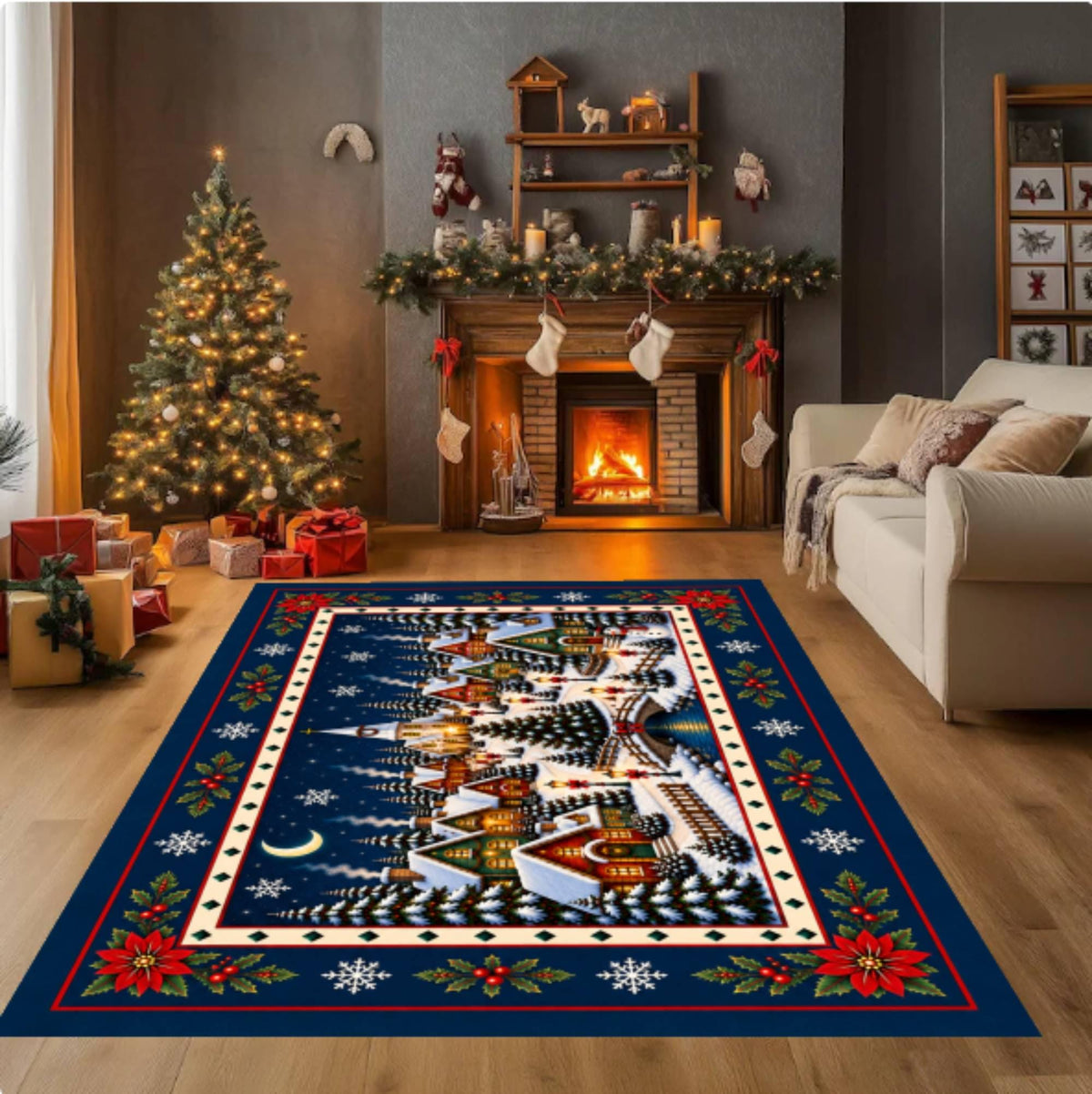 Christmas Village Rug, Farmhouse Living Room Carpet