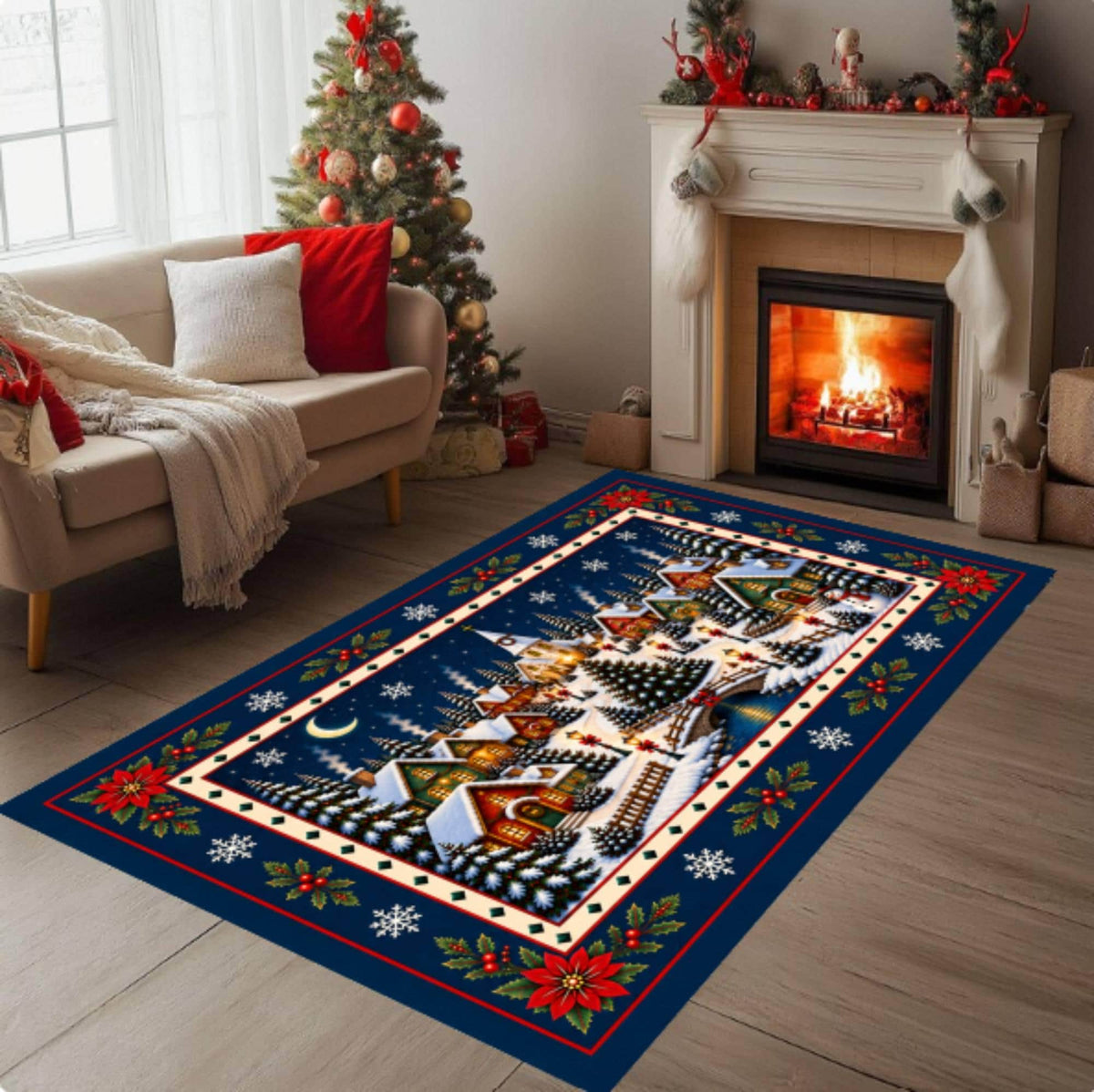 Christmas Village Rug, Farmhouse Living Room Carpet
