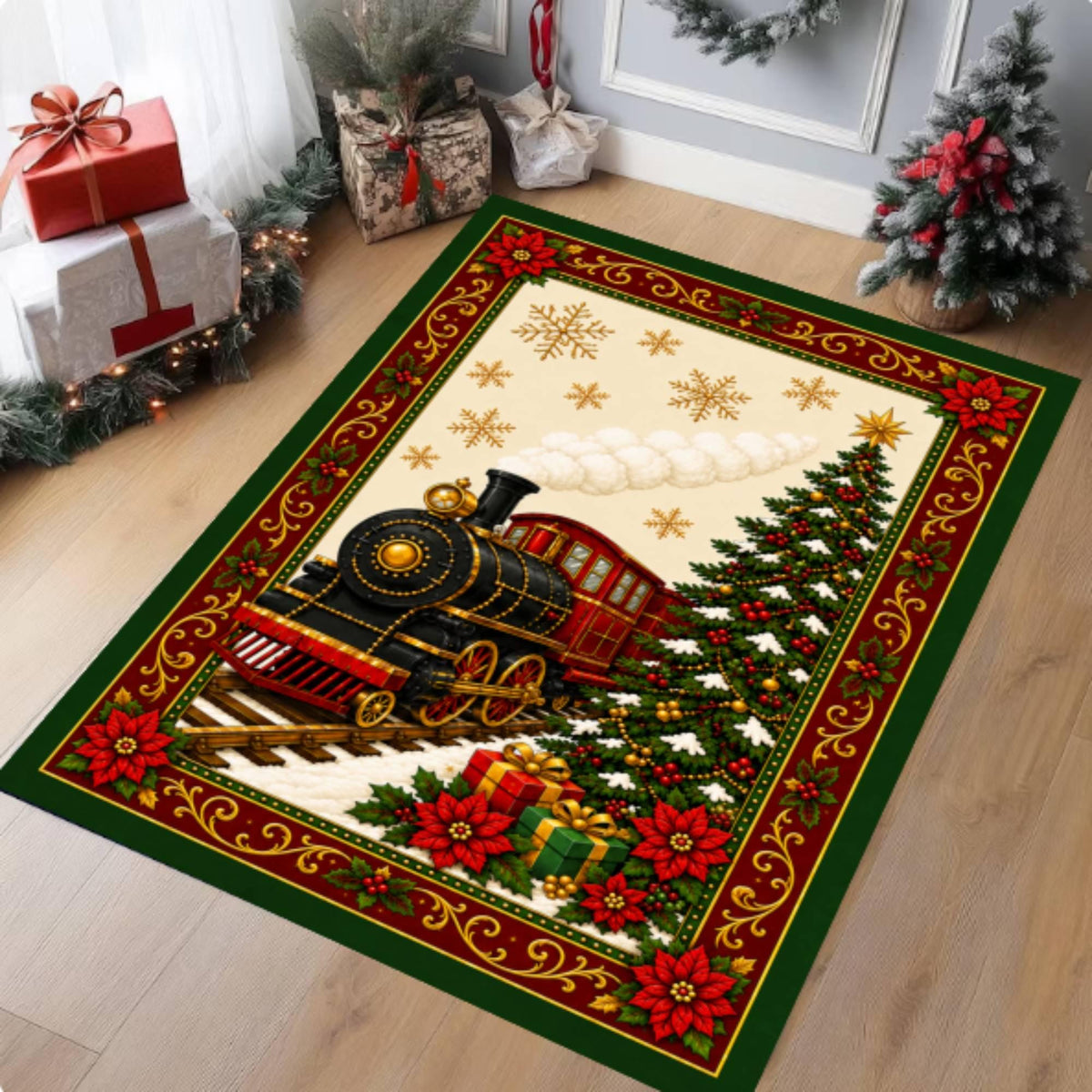 Christmas Train Area Rug, washable non-slip Christmas area rug