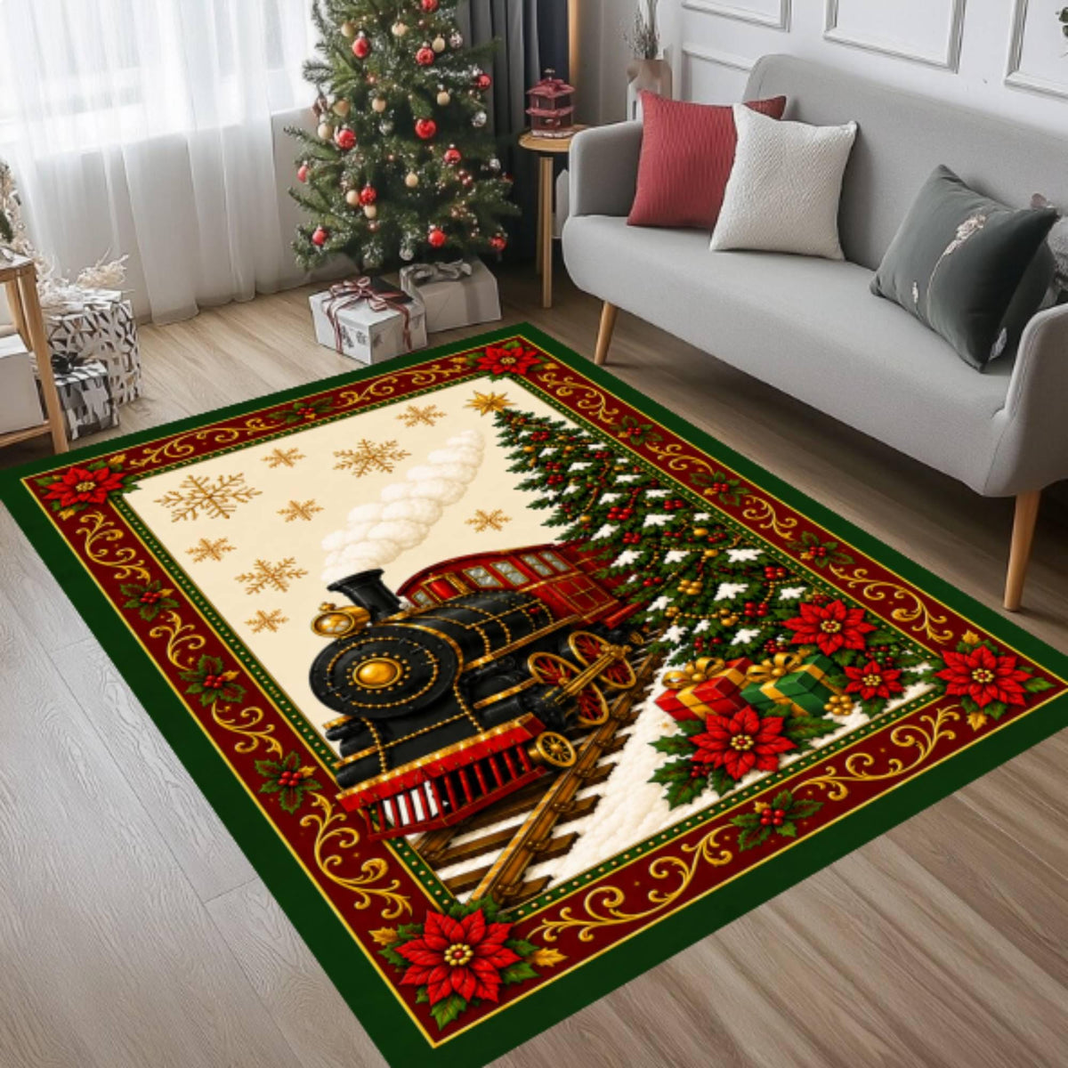 Christmas Train Area Rug, Farmhouse Winter Decor