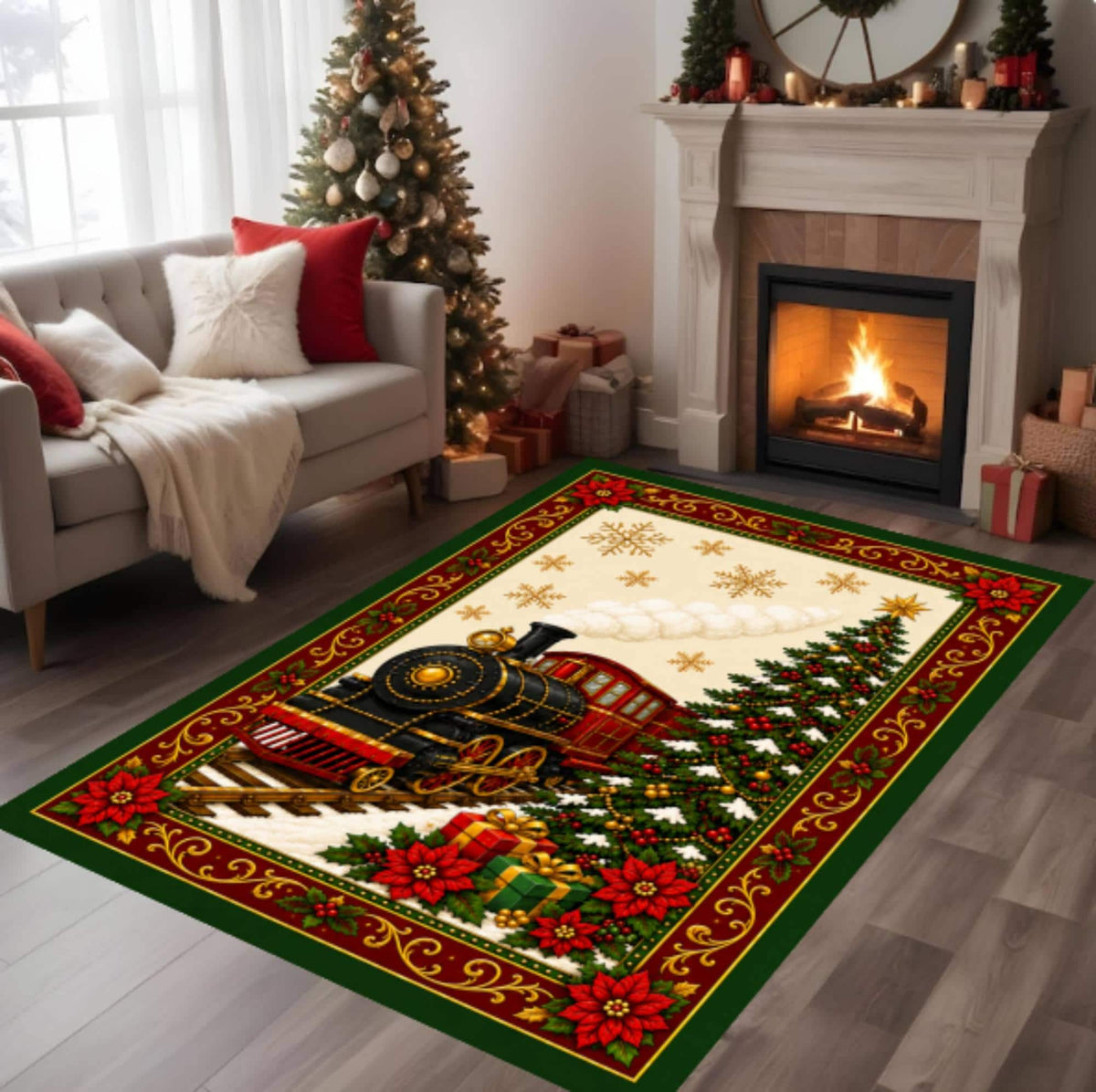 Christmas Train Area Rug, Farmhouse Winter Decor