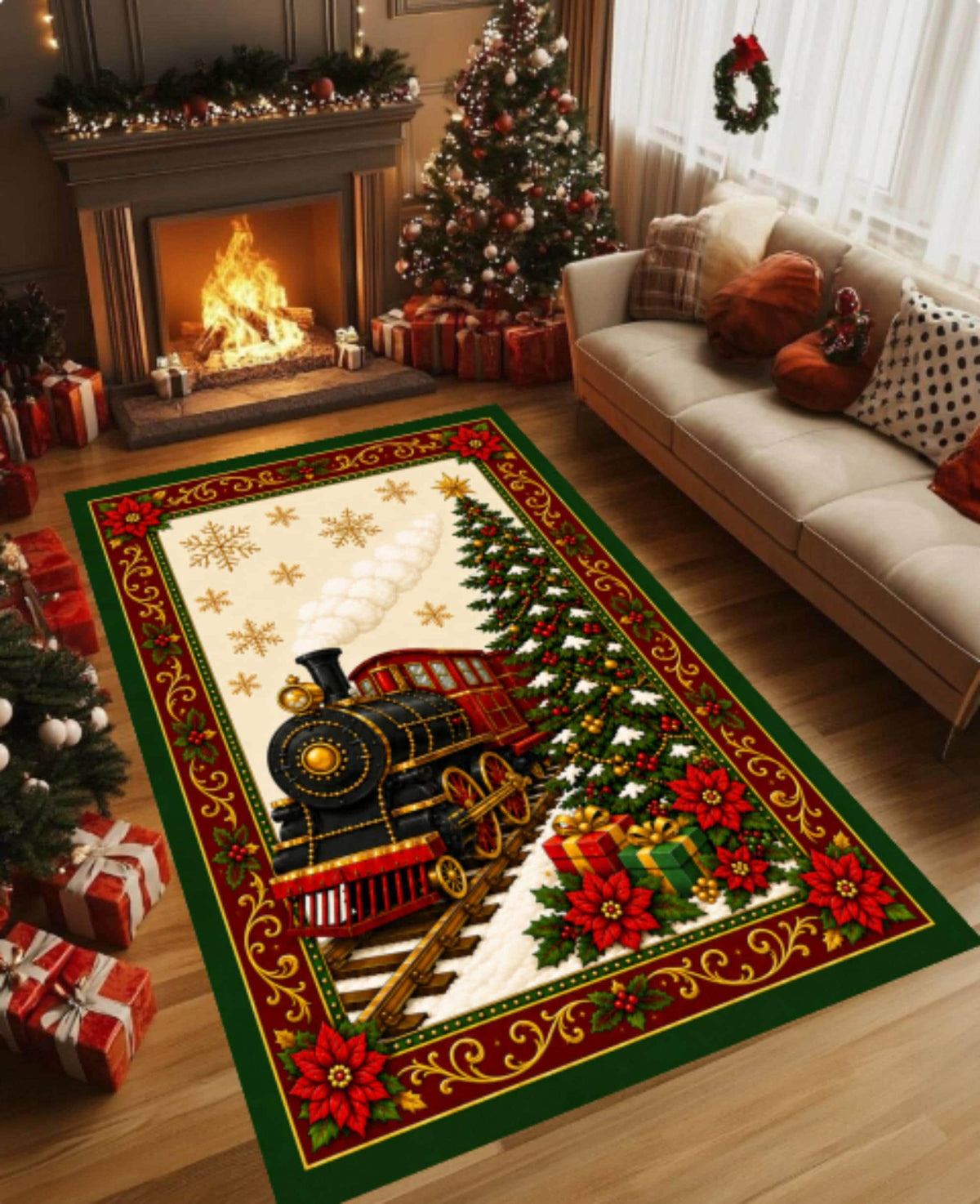 Christmas Train Area Rug, Farmhouse Winter Decor