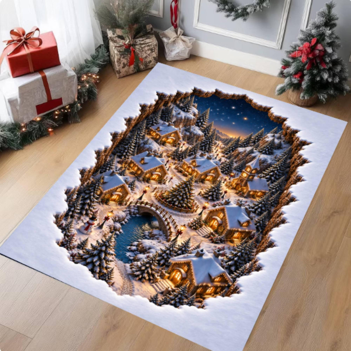 3D Illusion Christmas Village Rug, washable non-slip Christmas area rug
