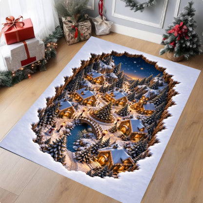 3D Illusion Christmas Village Rug, washable non-slip Christmas area rug