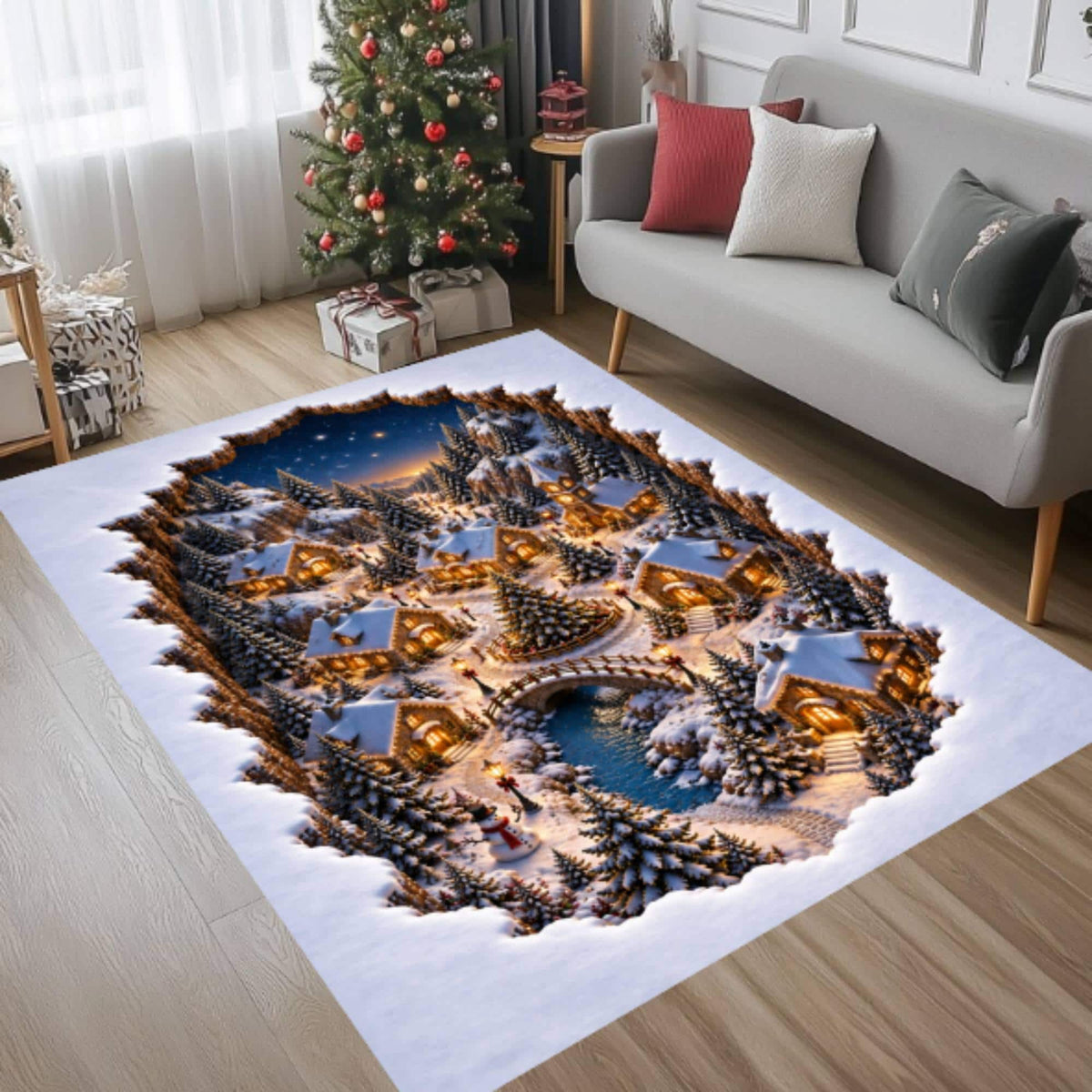 3D Illusion Christmas Village Rug, Winter Wonderland Decor