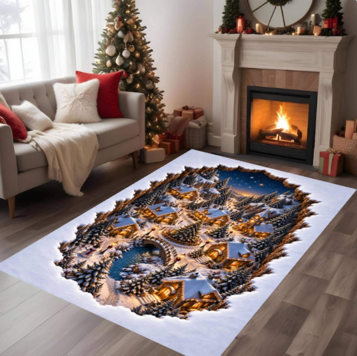3D Illusion Christmas Village Rug, Winter Wonderland Decor