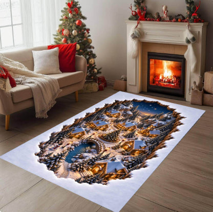 3D Illusion Christmas Village Rug, Winter Wonderland Decor