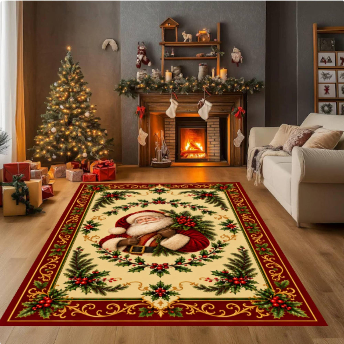 Santa Claus Christmas Rug, Vintage Holiday Area Rug