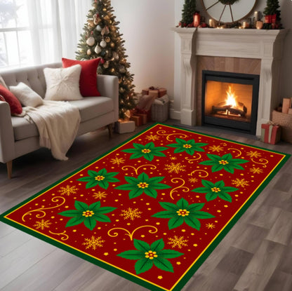 Christmas Poinsettia Area Rug, Holiday Carpet (Red Green Floral)