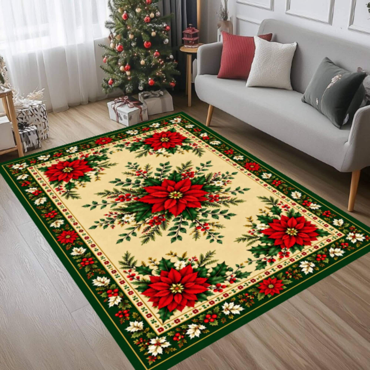 Vintage Poinsettia Rug, Farmhouse Holiday Carpet, (Red Green Floral)