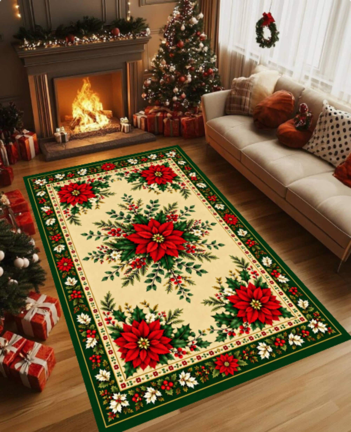 Vintage Poinsettia Rug, Farmhouse Holiday Carpet, (Red Green Floral)