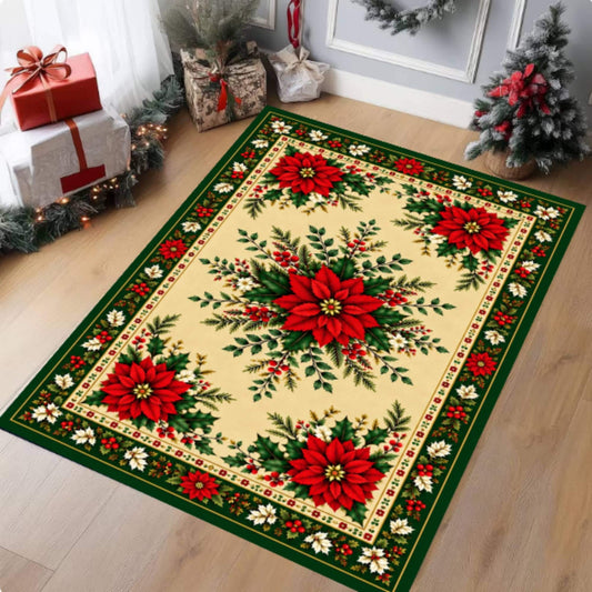 Vintage Poinsettia Christmas Rug, washable non-slip Christmas area rug