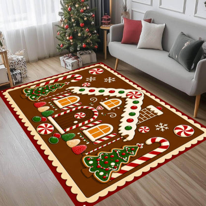 Gingerbread House Christmas Rug, Candy Cane Holiday Carpet