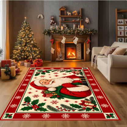 Vintage Santa Christmas Rug, Holiday Carpet (Red)