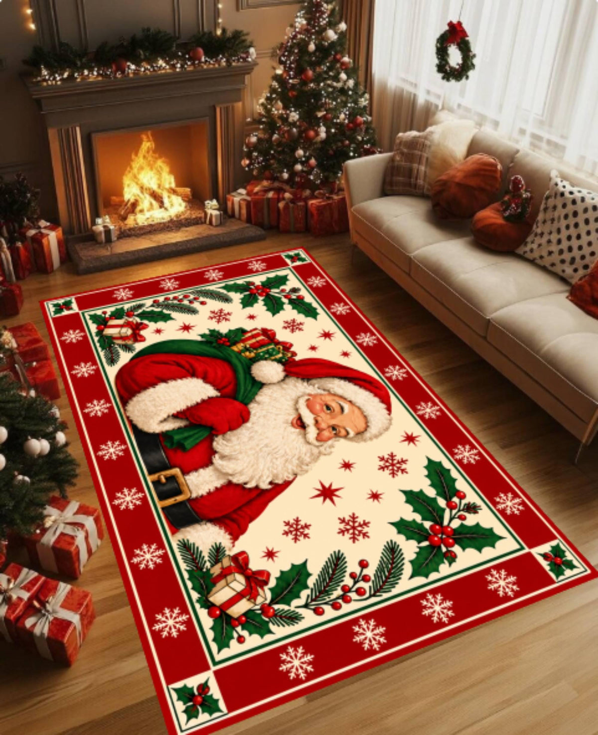 Vintage Santa Christmas Rug, Holiday Carpet (Red)