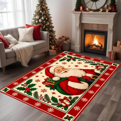 Vintage Santa Christmas Rug, Holiday Carpet (Red)