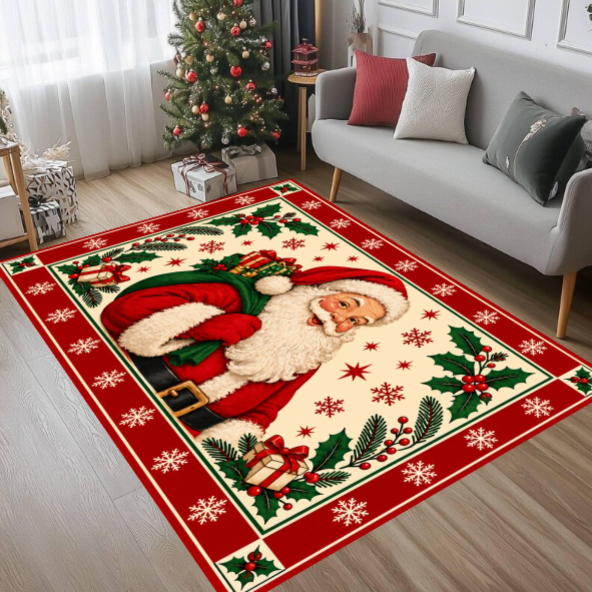 Vintage Santa Christmas Rug, Holiday Carpet (Red)