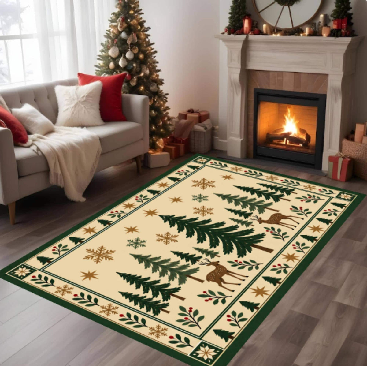 Christmas Deer Tree Rug, Rustic Farmhouse Decor