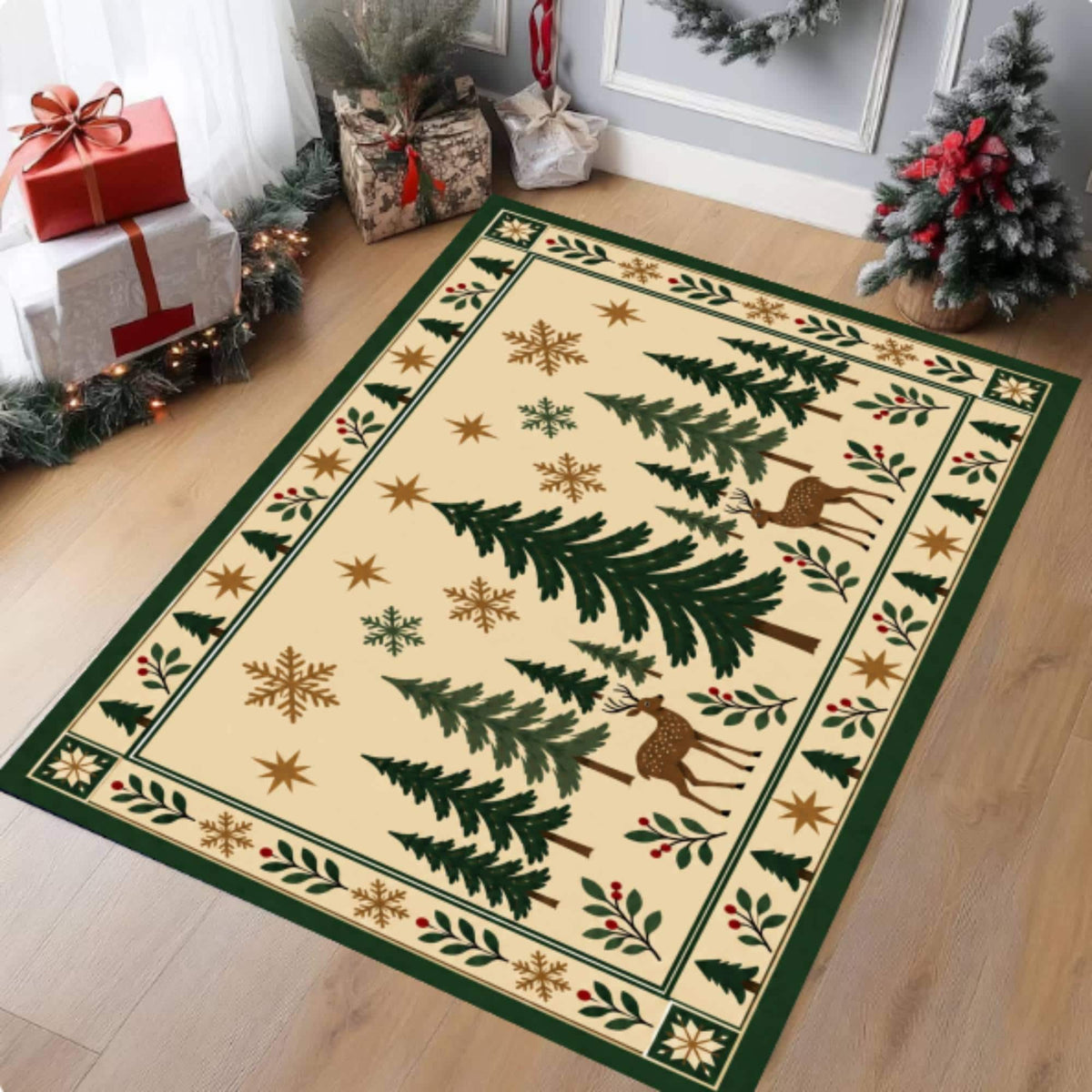 Christmas Deer Tree Rug, washable non-slip Christmas area rug