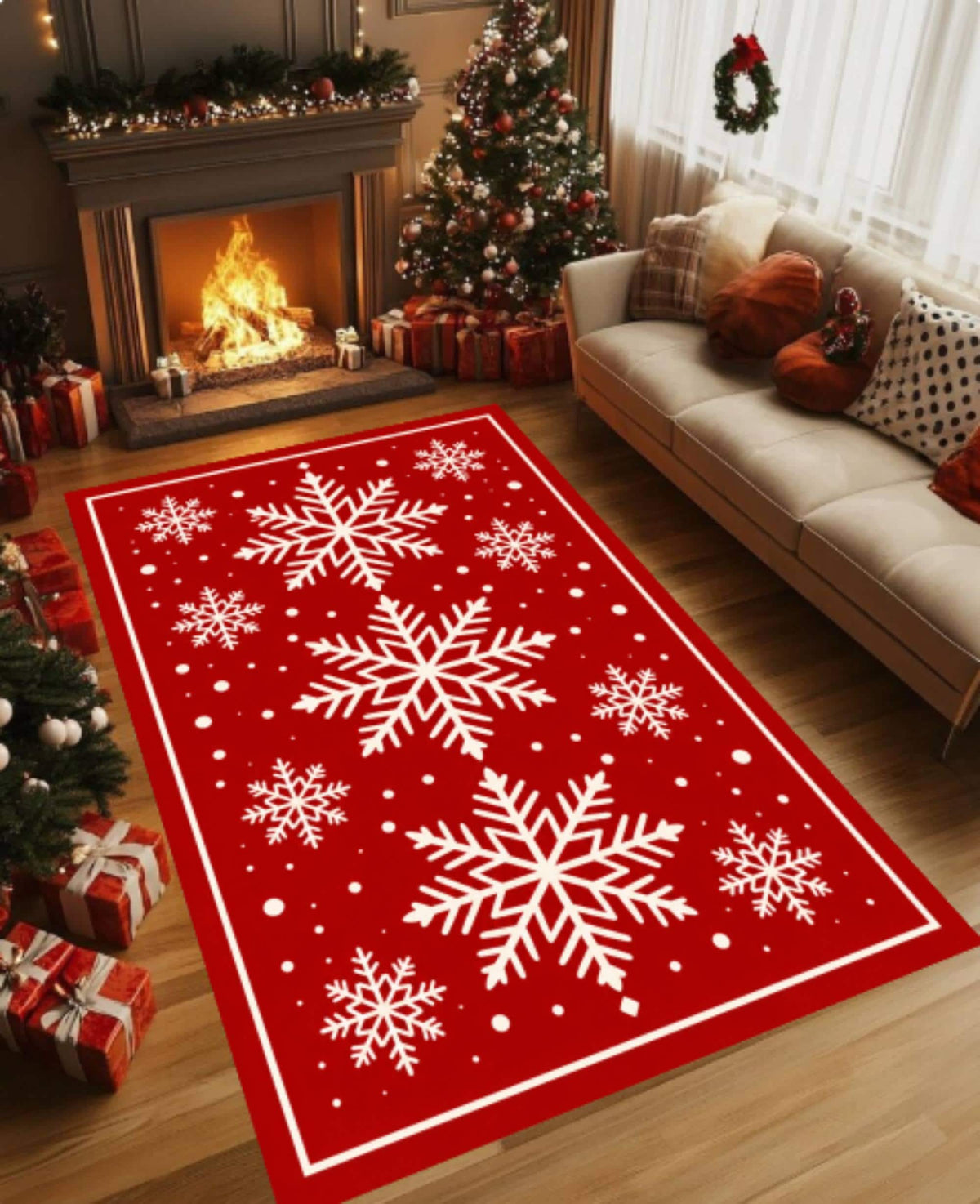 Red White Snowflake Christmas Area Rug