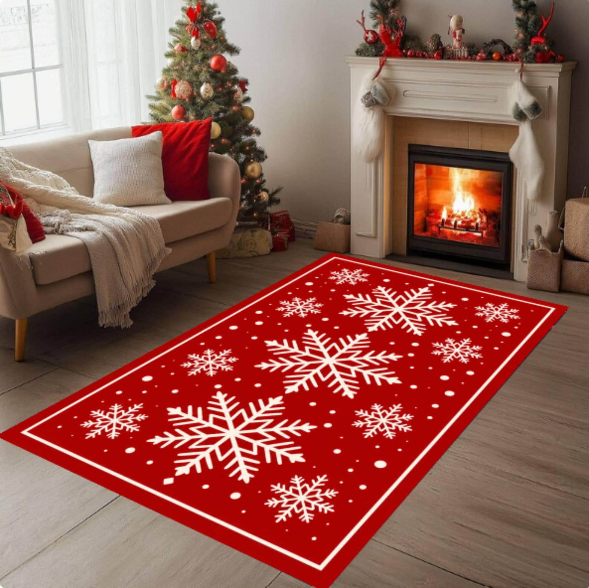 Red White Snowflake Christmas Area Rug