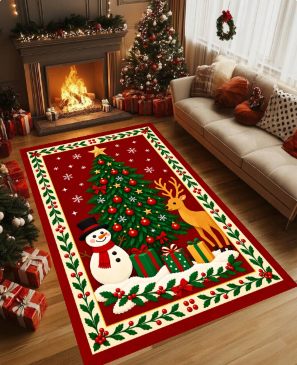 Christmas Tree Snowman Reindeer Holiday Area Rug
