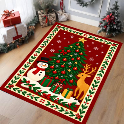 Christmas Tree Snowman Reindeer Holiday Area Rug, washable non-slip Christmas area rug